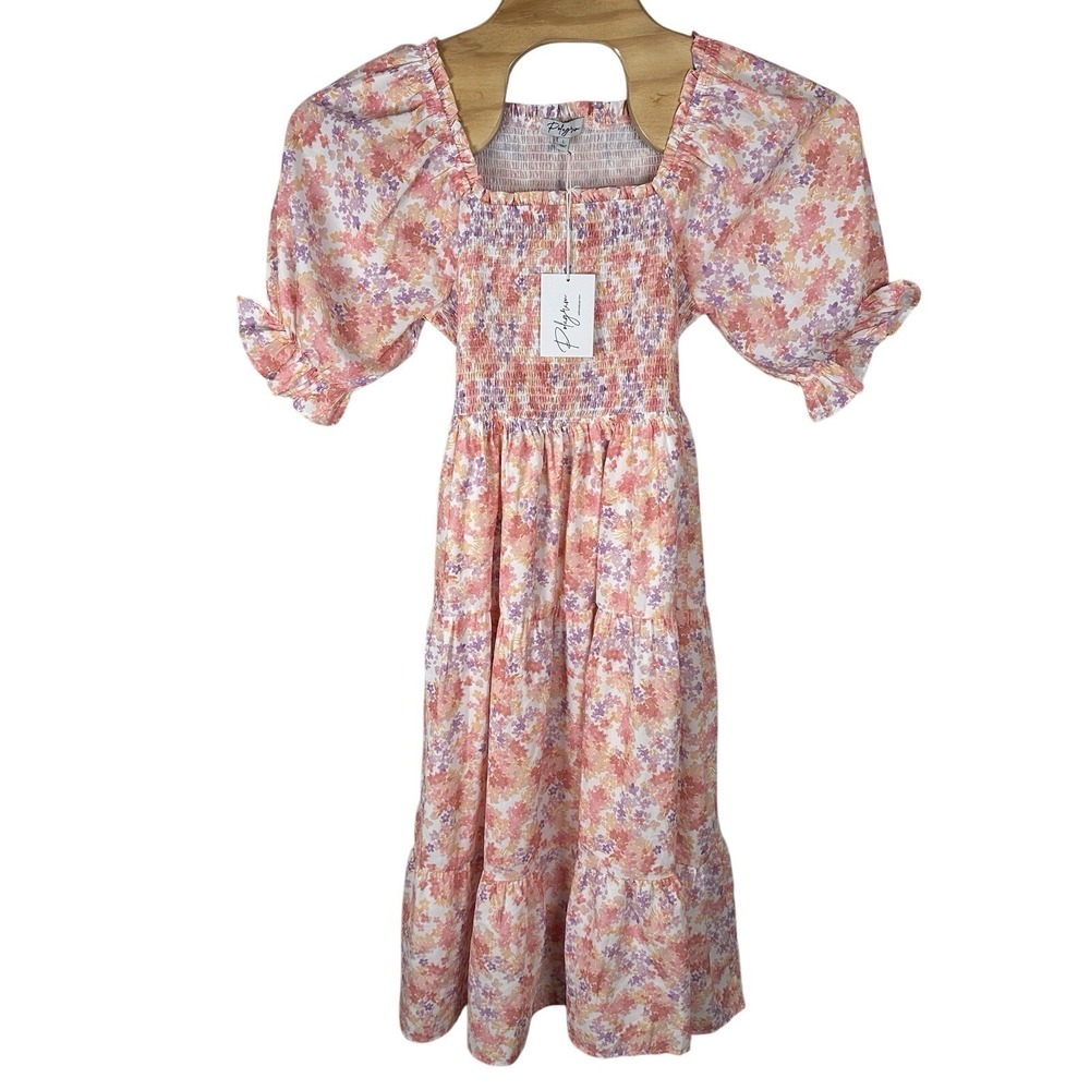 NEW Polagram Midi Dress Size Large Tiered Pink Floral Puff Sleeve Smocked Spring